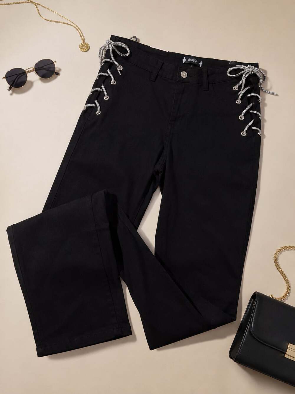 Blue Topic Denim Collection Black Lace Up Side Jeans in XXL 2X pockets